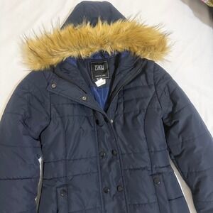 ZSHOW Women Navy Blue Puffer Parka Jacket Faux Fur Hood Quilted Winter Coat Sz 8